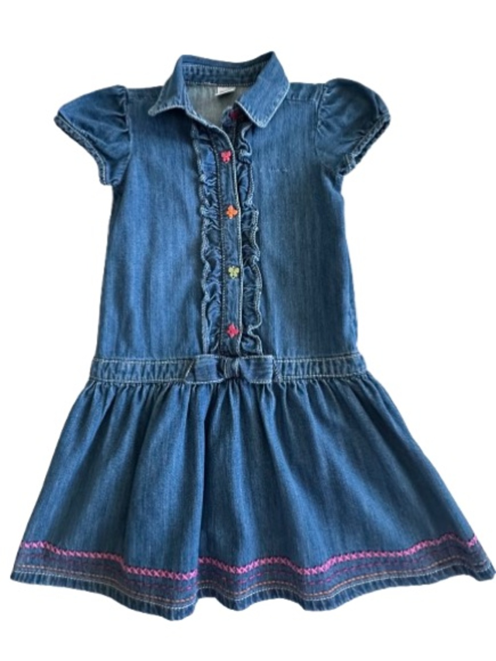 Gymboree Girl' 7 Blue Denim Ruffle Jean Short Sleeve Dress & Multicolor Buttons